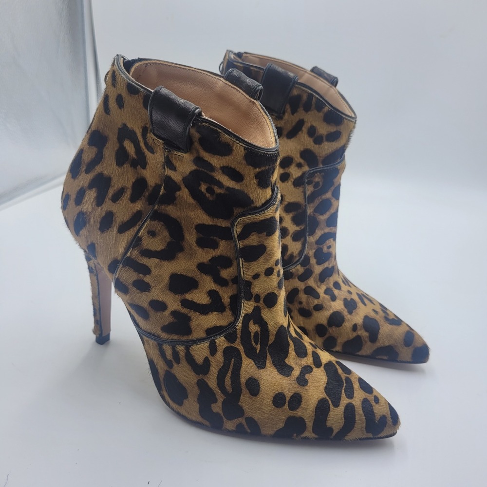 Veronica Beard Leopard Print Calf Fur Stiletto Ankle Boots 7 Pointed Toe Zip